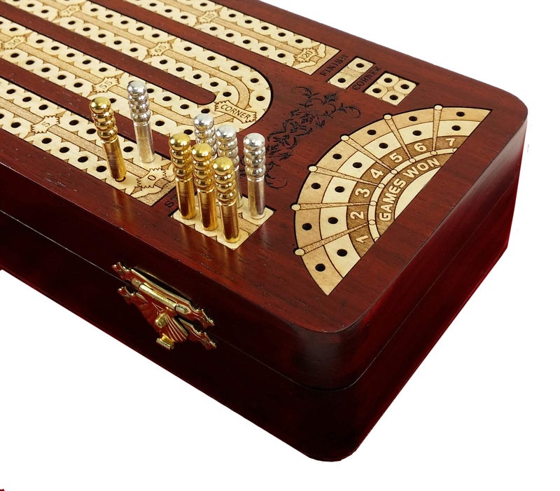 House of Cribbage 12 1/2" 2 Track Continuous Cribbage Board W/Card Storage Maple Tracks on Bloodwood Corner & Games Won - Image 1